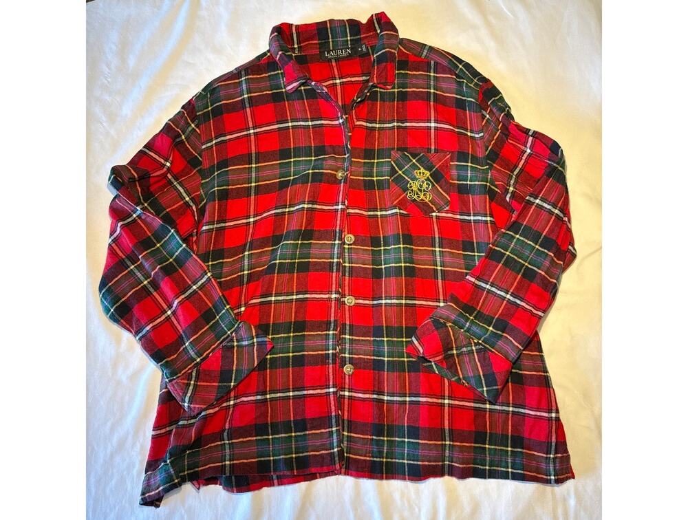 Lauren Ralph Lauren XL Red Tartan Plaid Flannel Shirt Gold Crest Monogram